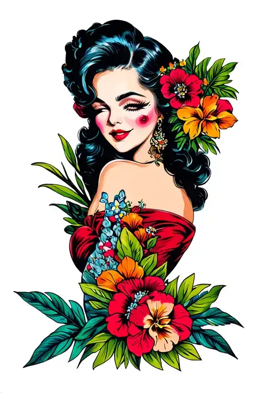 pin up girl winking eye, tropical looks like a bouquet tattoo design idea