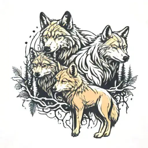 two wolves with two pup in forest  tattoo design idea