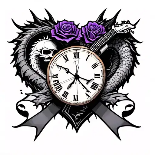 heart clock broken and stuck at 11:00 dragon wrapped skull rose motorcycle overdose ribbon tattoo gun guitar purple dad tattoo design idea