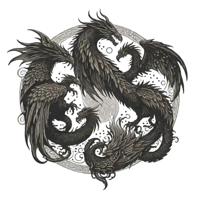 A dragon and phoenix facing each other with the silhouette of a family in the background tattoo design idea