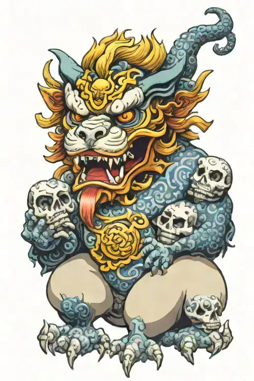 Foo dog holding skull tattoo design idea