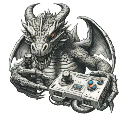 A realistic portrait of a dragon holding a video game controller tattoo design idea