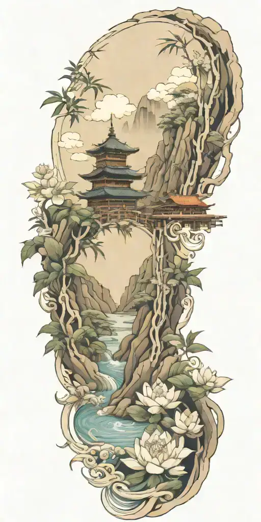 buddhist inpired tattoo focusing on scenary of nature, bamboo, water, and with lotus, koi fish, and small budda tattoo design idea