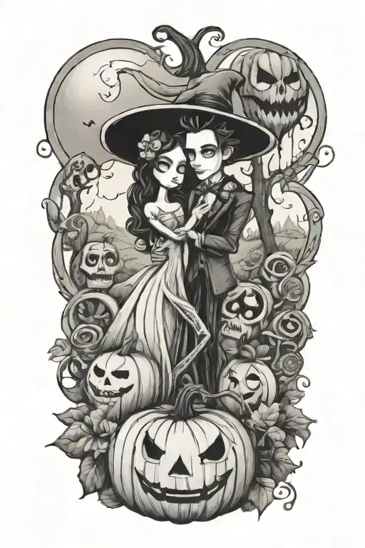 A Whimsical Tim Burton-Inspired Pumpkin Patch With the corpse bride Elements Intertwined Tattoo Idea tattoo design idea