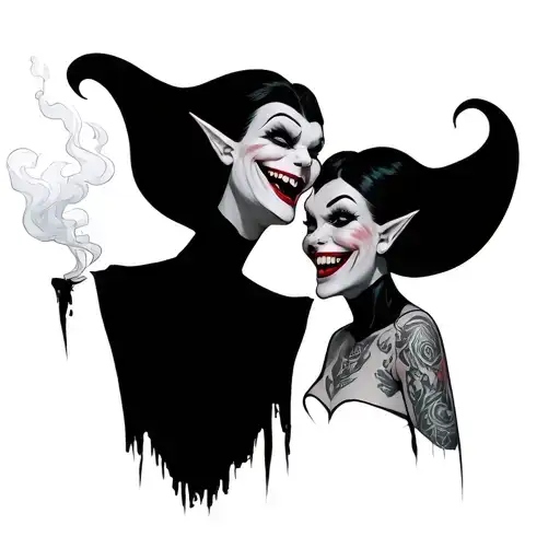 two pretty and friendly vampires smoking laughing and smiling tattoo design idea