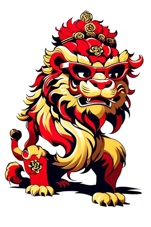 red Chinese lion head wear sunnies tattoo design idea