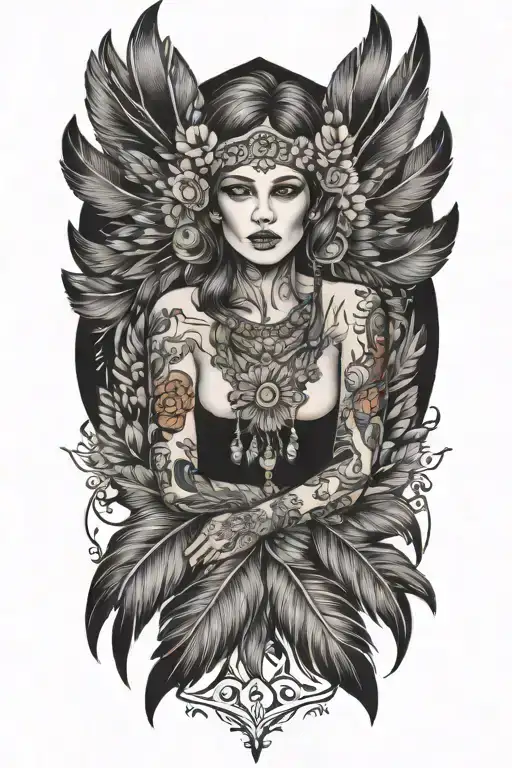 feminine spiritual awakening with feathers  tattoo design idea