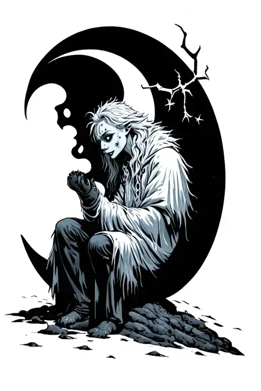 spooky frozen jack frost siting on a moon tattoo design idea