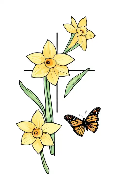 cross with daffodils and a semicolon and a monarch butterfly  tattoo design idea