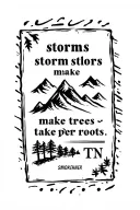 post card design for thigh including smokey mountains, TN stamp, & a quote "storms storms make trees take deeper roots" tattoo design idea