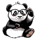 Baby Panda full body, sitting. wearing glasses waving and smiling tattoo design idea