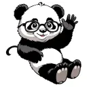 Baby Panda full body, sitting. wearing glasses waving and smiling tattoo design idea