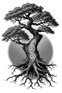 walnut tree with deep roots with runes engraved tattoo design idea