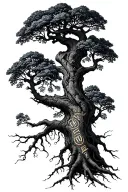 walnut tree with deep roots with runes engraved tattoo design idea