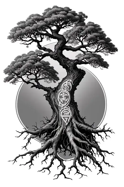 walnut tree with deep roots with runes engraved tattoo design idea