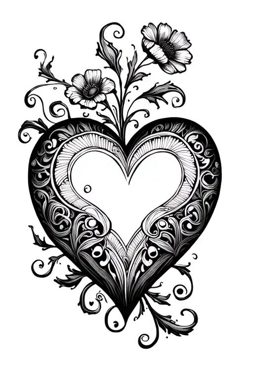 love heart with fine lines, swirls and flowers coming off the top and bottom diagonally. feminine tattoo design idea