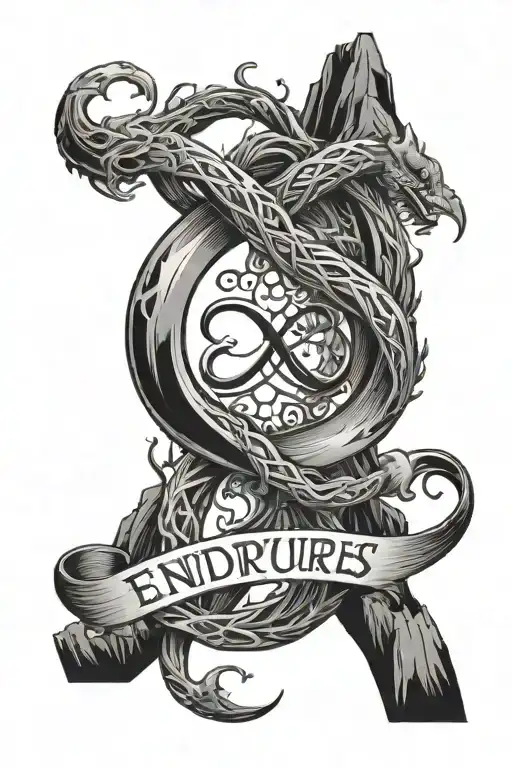 Infinity sign, with 4 men in a fire and it says For His Love Endures Forever, make it cool and blend well with mountains tattoo design idea