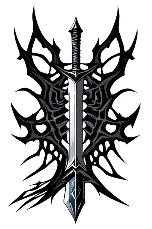 “A vertical tribal tattoo design for spine placement, combining a dark gothic sword with sharp, jagged edges and web  tattoo design idea