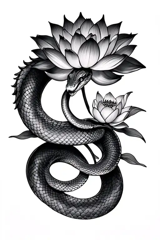 snake and lotus flower tattoo design idea