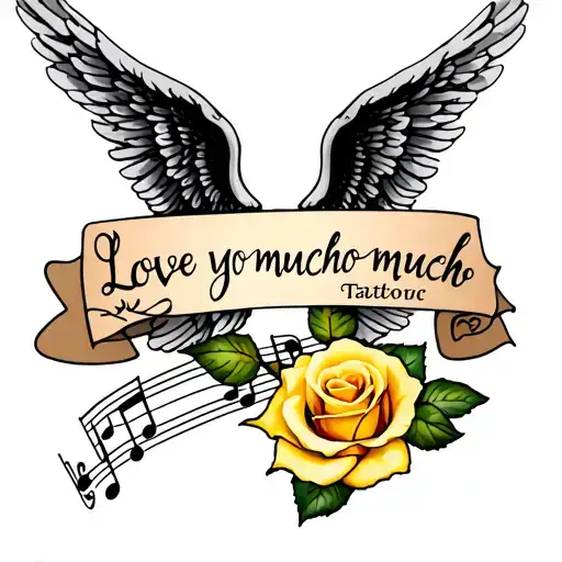 Memorial tattoo with saying love you mucho mucho with music note yellow rose and angel wings  tattoo design idea