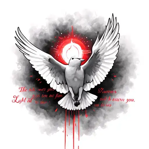 Heaven gates doves flying and lights with bible verse in red ink. Smoky gray background  tattoo design idea