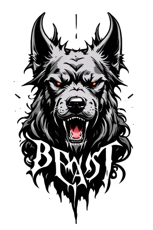 the word beast with demonic hellhound sillouette tattoo design idea