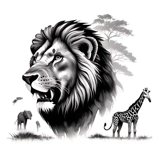 lion aggrasive in the foreground in the middle with giraffe and elephant in the background tattoo design idea
