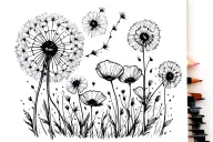 Dandelion blowing, pluton and poppies blooming tattoo design idea