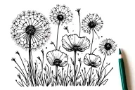 Dandelion blowing, pluton and poppies blooming tattoo design idea
