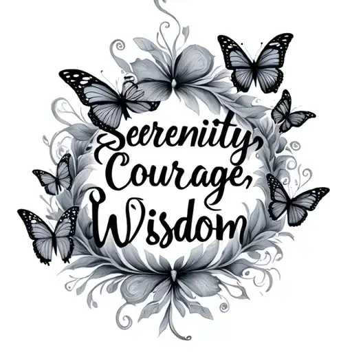 the words "serenity, courage, wisdom" with butterflies  tattoo design idea