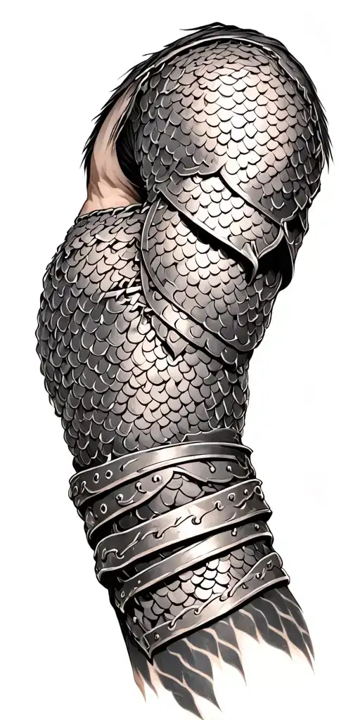 arm sleeve of chain mail and armor wielding tattoo design idea