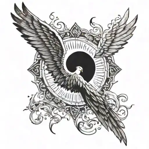 a single wax wing of icarus melting in front of the sun as he is falling  tattoo design idea
