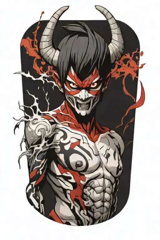 anime character full body wearing a oni mask fighting off inner demons with minimal black areas and no background filler tattoo design idea