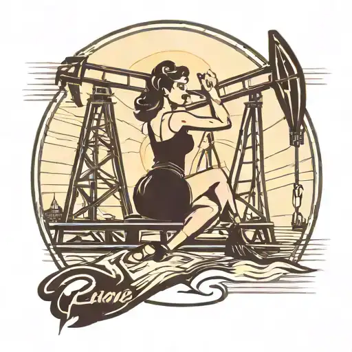 oil rig silhouette of pump jack and a pin up riding the beam tattoo design idea