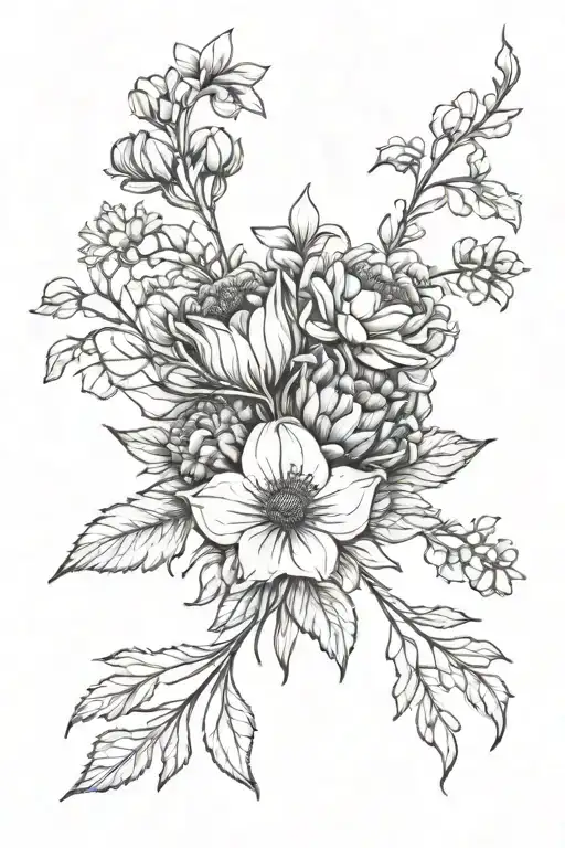 birth flower bouquet (July, November, January, and August) wrapped tattoo design idea