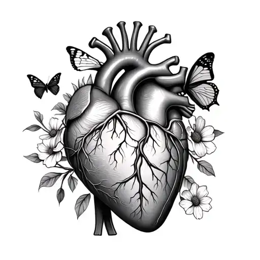 A realistic anatomical heart with vessels and chambers maybe with flowers or butterflies or  tattoo design idea