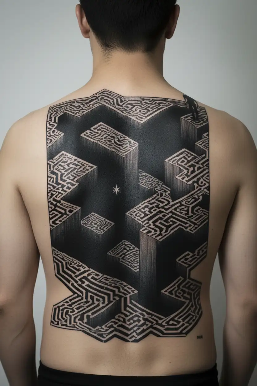 A surreal tattoo of a person trapped in a maze made of hardwood flooring, symbolizing the struggles of addiction and anxiety, with hidden stars shining through the cracks tattoo design idea