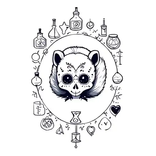 A skunk wearing a day of the dead mask, surrounded by mystical symbols and potion bottles, combining the client's love for skunks and witchcraft tattoo design idea