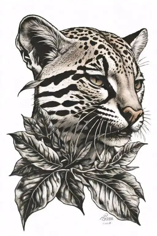 realistic Ocelot half face front, showing nose sniffing piece of tree, eyes closed, all tattooed inside a leaf, forearm tattoo design idea