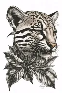 realistic Ocelot half face front, showing nose sniffing piece of tree, eyes closed, all tattooed inside a leaf, forearm tattoo design idea
