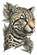 realistic Ocelot half face front, showing nose sniffing piece of tree, eyes closed, all tattooed inside a leaf, forearm tattoo design idea