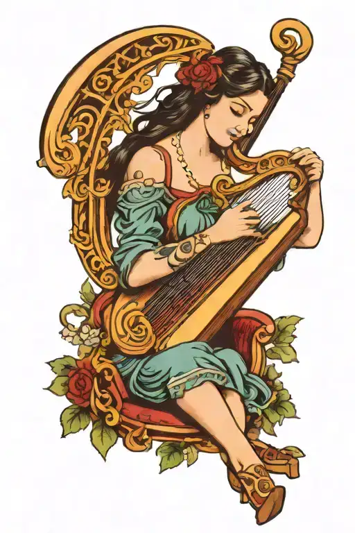 Girl playing harp, but. the harp is a bow and arrow tattoo design idea
