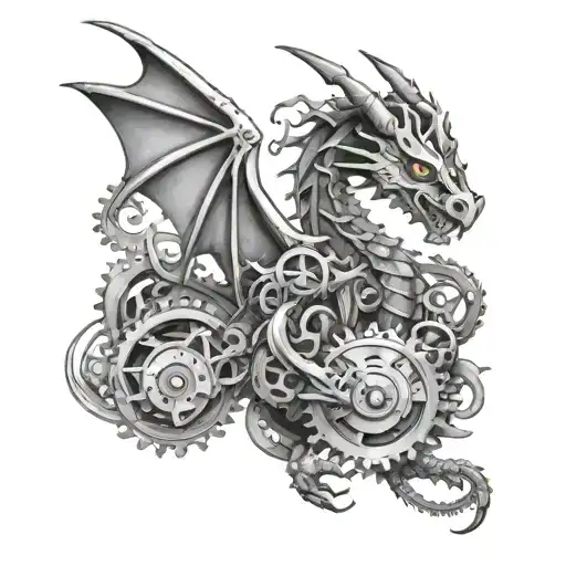 A mechanical dragon surrounded by music notes and engineering gears tattoo design idea