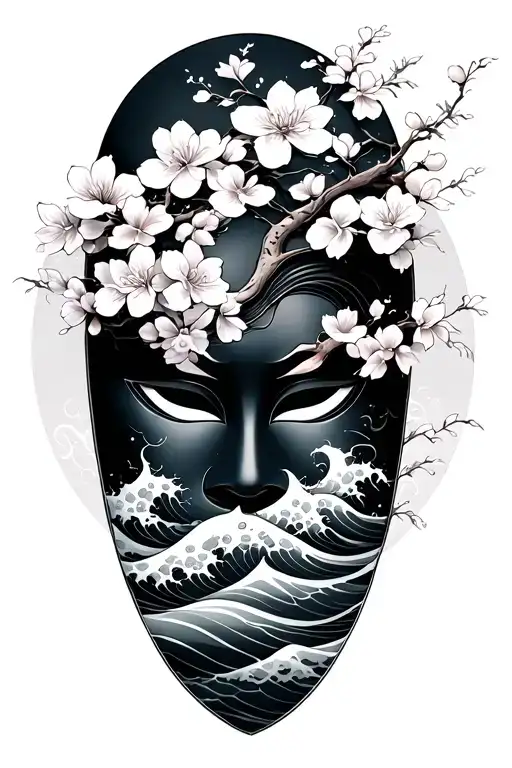 japanese mask with cherry blossom tree and waves flowing tattoo design idea