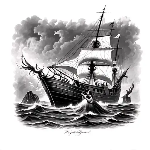 sexy siren mermaids singing while an old spooky looking ship crashes on the rocks tattoo design idea
