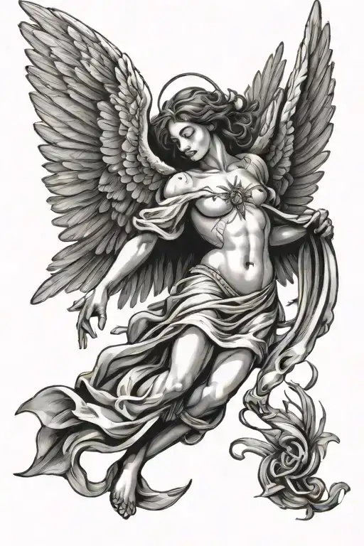 Wounded Angel with wings flying tattoo design idea