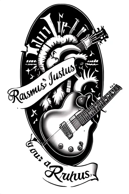 "Rasmus , Justus" A black and white tattoo depicting a memory of heart surgery, music (guitar), respect for life, time, and the children's tattoo design idea