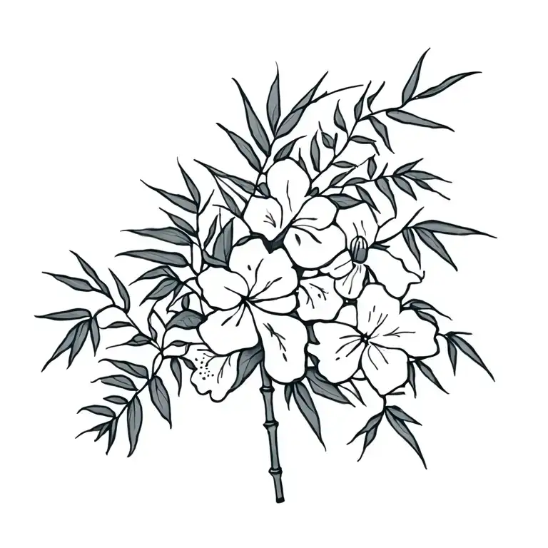 intertwined bamboo, ferns and white flowers, black and grey tattoo design idea