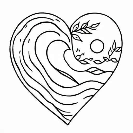 fine line heart filled with wave and sun and olive branch tattoo design idea