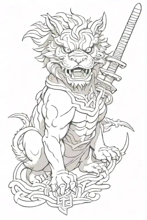 foo dog, katana, and sword tattoo design idea